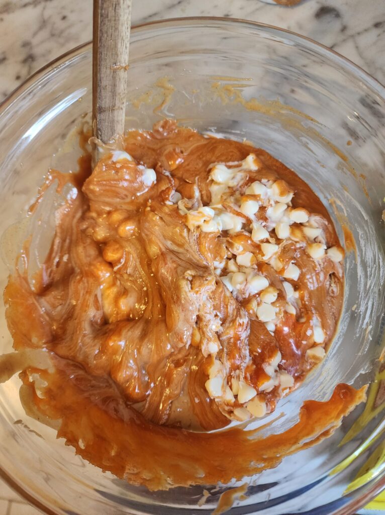 melting candy corn and white chocolate chips together