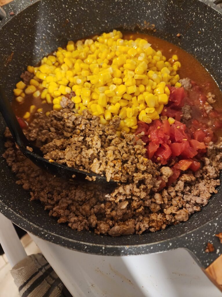 ground beef, corn, Rotel, taco seasoning